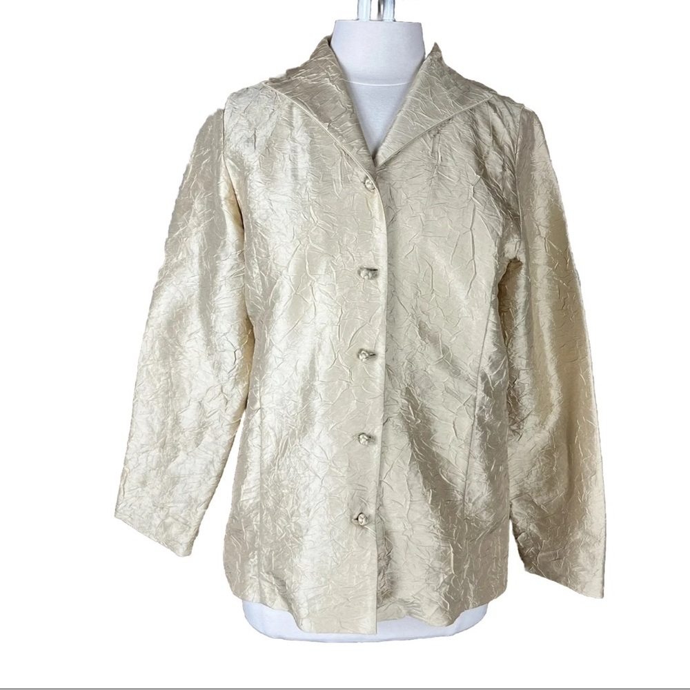 Ellen Fisher Gold 100% Silk Lightweight Crinkled Shirt Blazer Jacket 2X